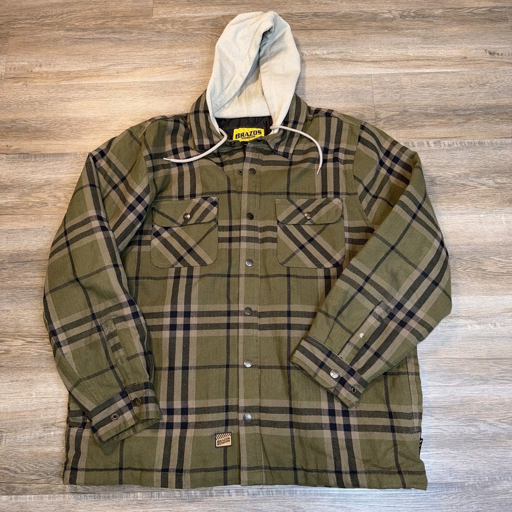 Brazos Hooded Flannel Shirt Jacket Mens XL Olive Green Black Plaid Workwear